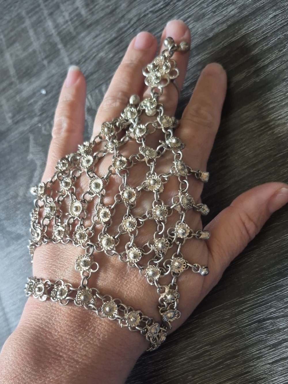 Vintage Belly Dancer or Turkish Hand Chain Silver Tone